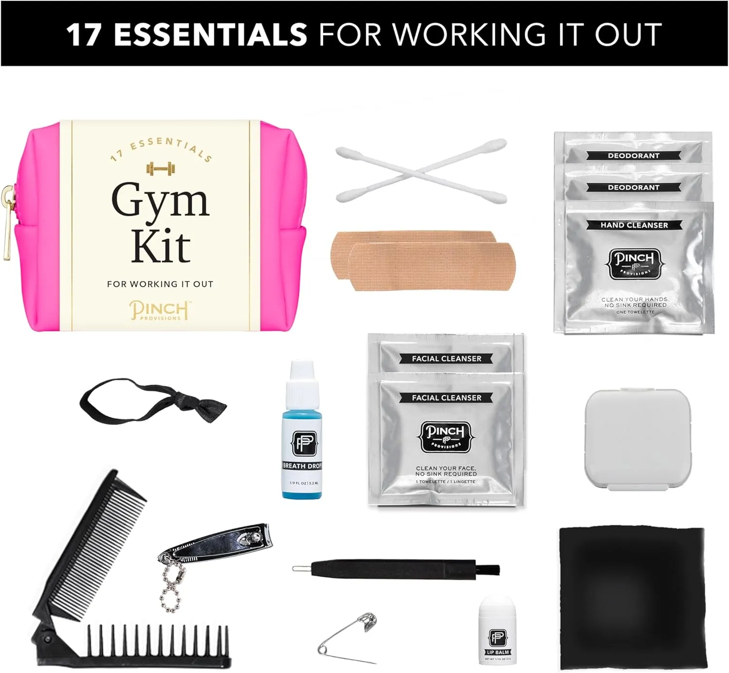Pinch Provisions Gym Kit, Includes 15 Personal Care Essentials for Wellness & Beauty, Perfect for Gifts, Gym Bags, Duffle Bags & Lockers (Hot Pink)
