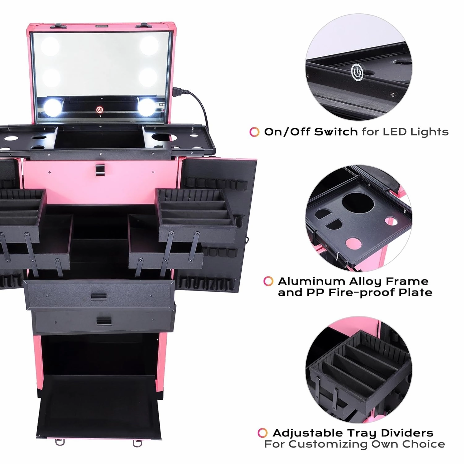 Pink Rolling Makeup Case with Mirror Light Pro Large Cosmetic Artists Hair Stylist Barber Organized Trolley Lockable