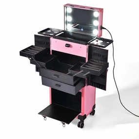Pink Rolling Makeup Case with Mirror Light Pro Large Cosmetic Artists Hair Stylist Barber Organized Trolley Lockable