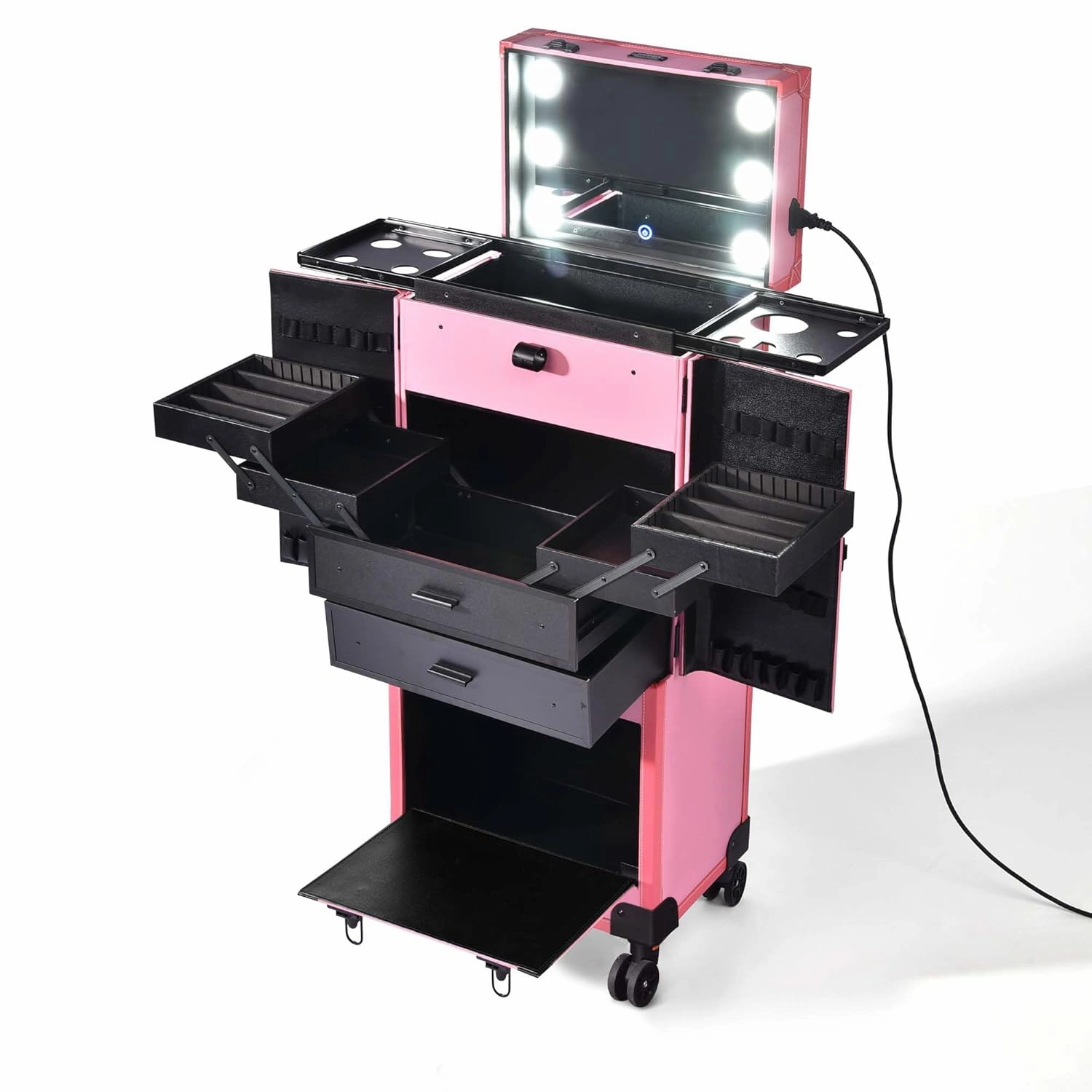 Pink Rolling Makeup Case with Mirror Light Pro Large Cosmetic Artists Hair Stylist Barber Organized Trolley Lockable