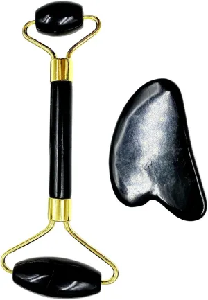 pistro Jade Face Roller and Gua Sha Tool Set for Skin Neck Tightening and Reduce Wrinkles - Black