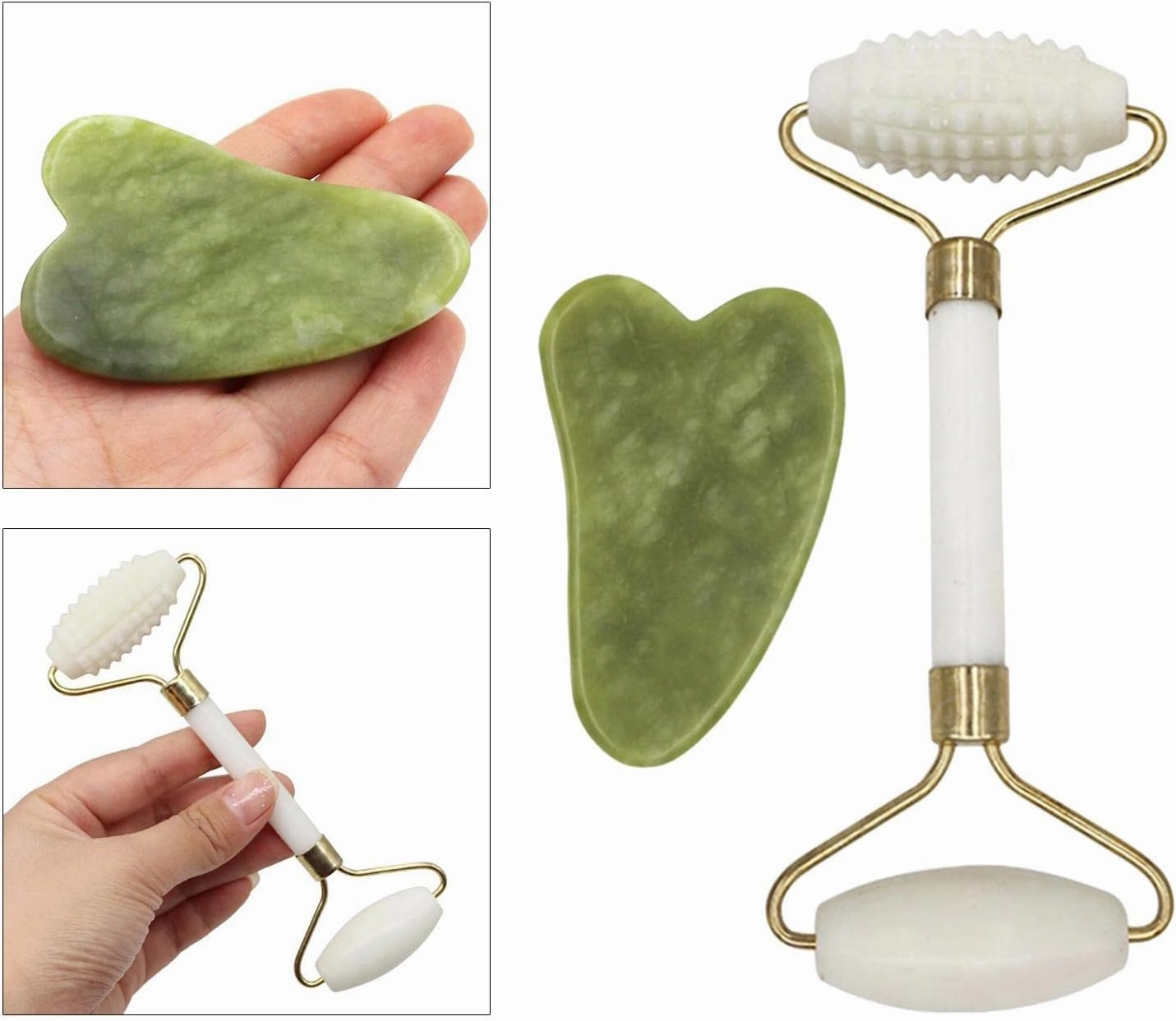 pistro Jade Face Roller and Gua Sha Tool Set for Skin Neck Tightening and Reduce Wrinkles - Green