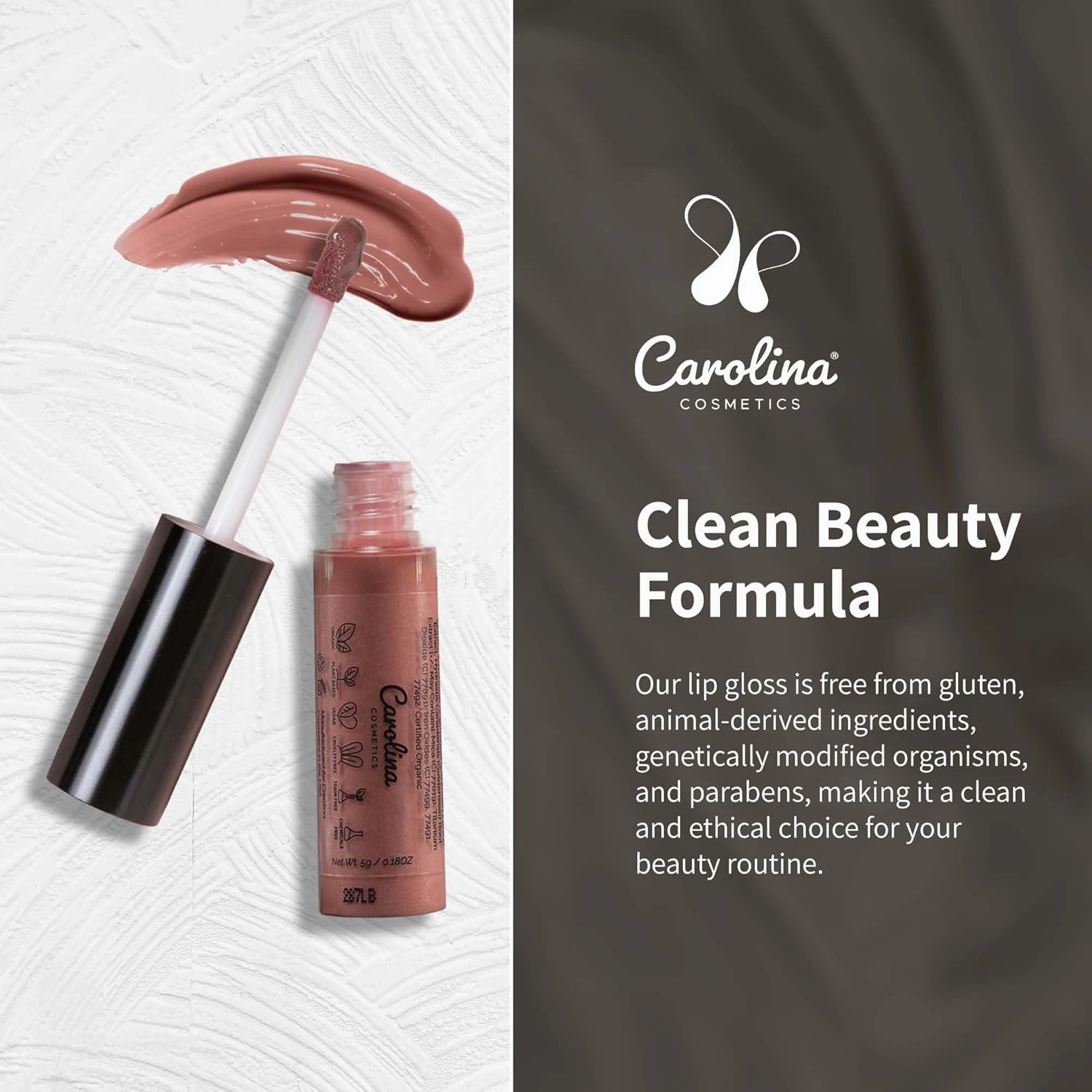 Plant-Based Non-Sticky Lip Gloss (What A Babe) - Hydrating & Nourishing with Sunflower Seed Oil, Cacao & Grape Seed Oil - Gluten-Free, Vegan, Non-GMO, Paraben-Free - 5g/0.18oz