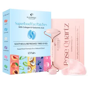 PLANTIFIQUE Face Roller and Gua Sha Rose Quartz Certified and Superfood Under Eye Patches Dark Circle 12 Pairs with Hyaluronic Acid