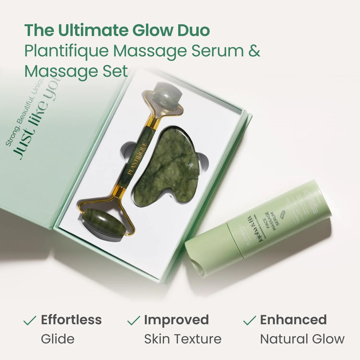 PLANTIFIQUE Jade Roller & Gua Sha Set – Real Jade Facial Tools for Skin Care Routine – Certified Face Massager for Radiant Skin