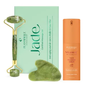 PLANTIFIQUE Jade Roller for Face and Gua Sha Facial Tools | Vitamin C Face Serum Anti Aging Massage with Peptides Collagen | Korean Skin Care Face Moisturizer
