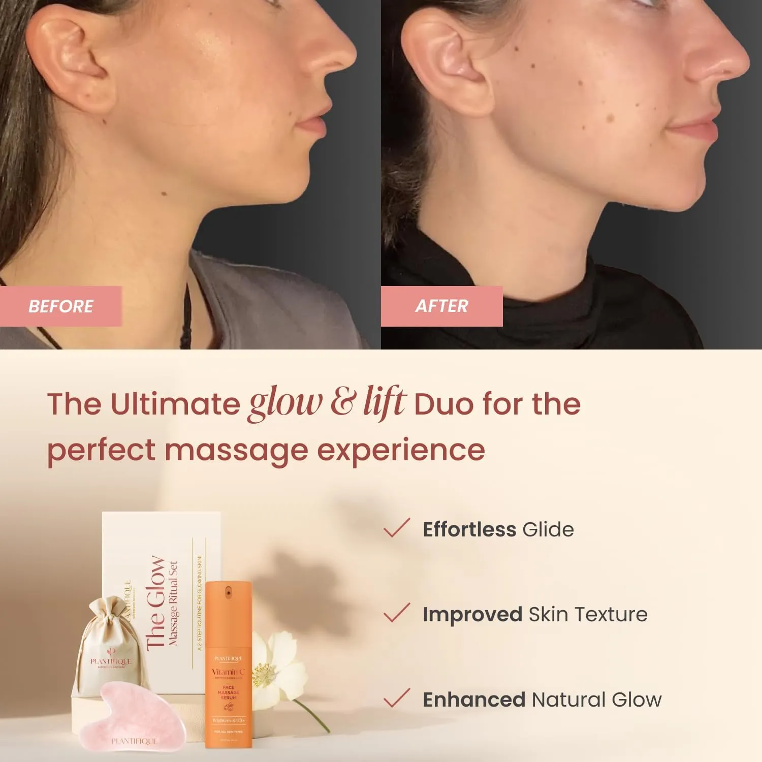 PLANTIFIQUE Massage Ritual Set Premium Certified Rose Quartz Gua Sha   Vitamin C Serum Skin Care Set, Birthday Gifts for Women, Teens, Mom, Brides