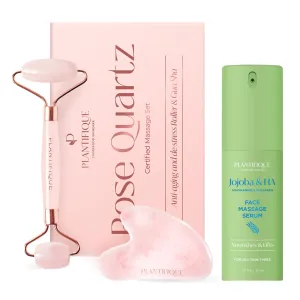 PLANTIFIQUE Rose Quartz Face Roller and Rose Quartz Gua Sha Set and Jojoba Oil & Hyaluronic Acid Face Serum for Gua Sha Massage with Vitamin C, E Niacinamide