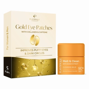 PLANTIFIQUE Gold Eye Patches for Puffy Eyes and Dark Circles 5 Pairs and Korean Cleansing Balm Makeup Remover with Mango & Papaya Extracts