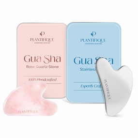 PLANTIFIQUE Gua Sha Rose Quartz Tool for Face Anti Aging Massage Tool and Stainless Steel Gua Sha Facial Tool, Skin Massage Tool for Face, Body, Eyes, Neck, Heart Style with Travel Pouch, Skin Care