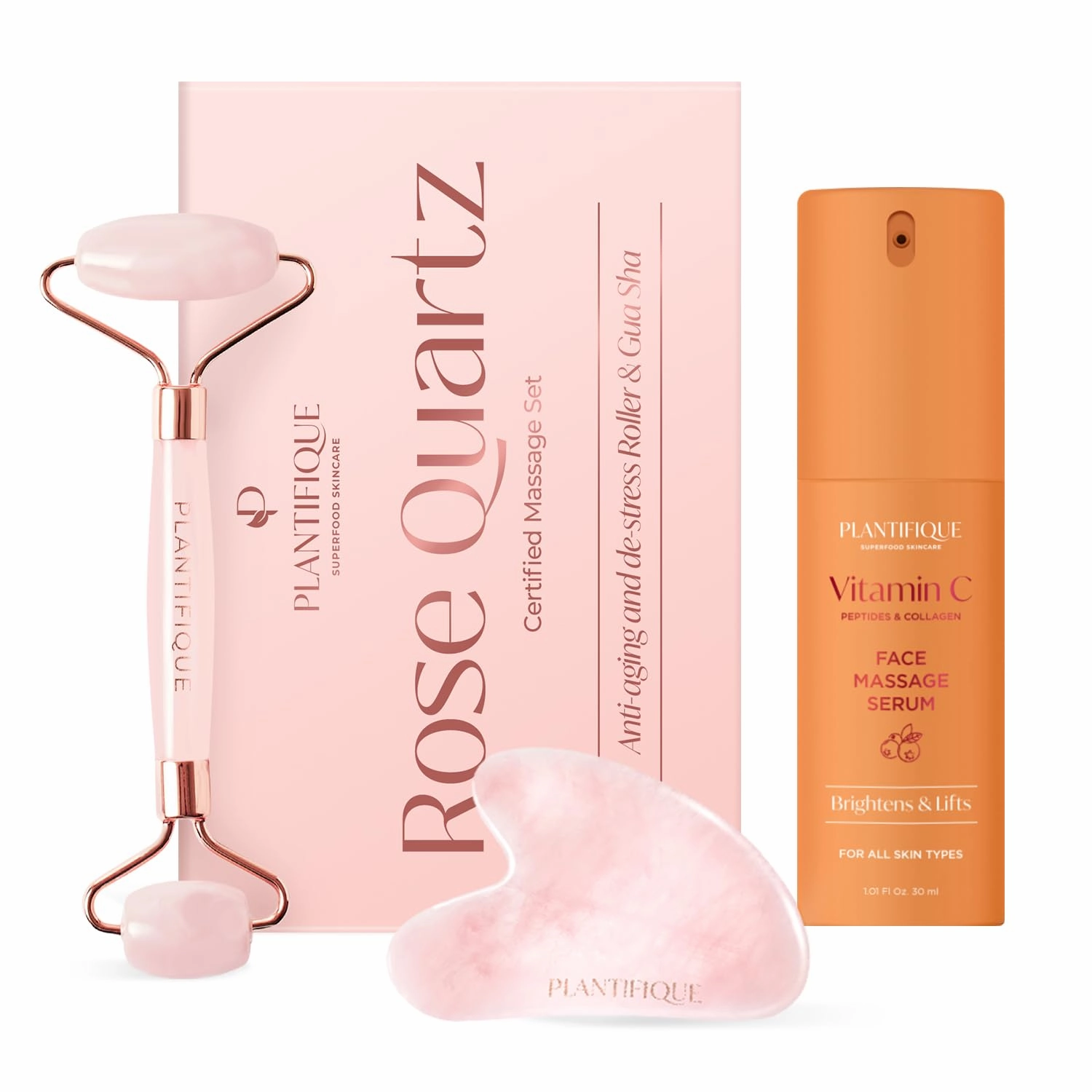PLANTIFIQUE Vitamin C Face Serum Anti Aging Massage with Peptides, Collagen, Korean Skin Care Face Moisturizer and Rose Quartz Gua Sha Set