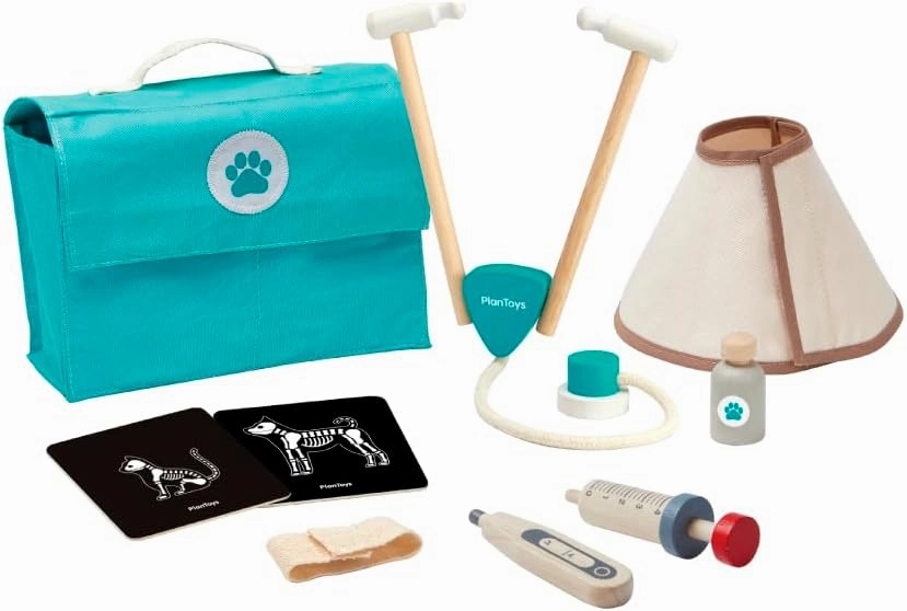 PlanToys Vet Set for Kids - Vet Toy with 3 Medical Instruments and Storage Bag - Pet Case