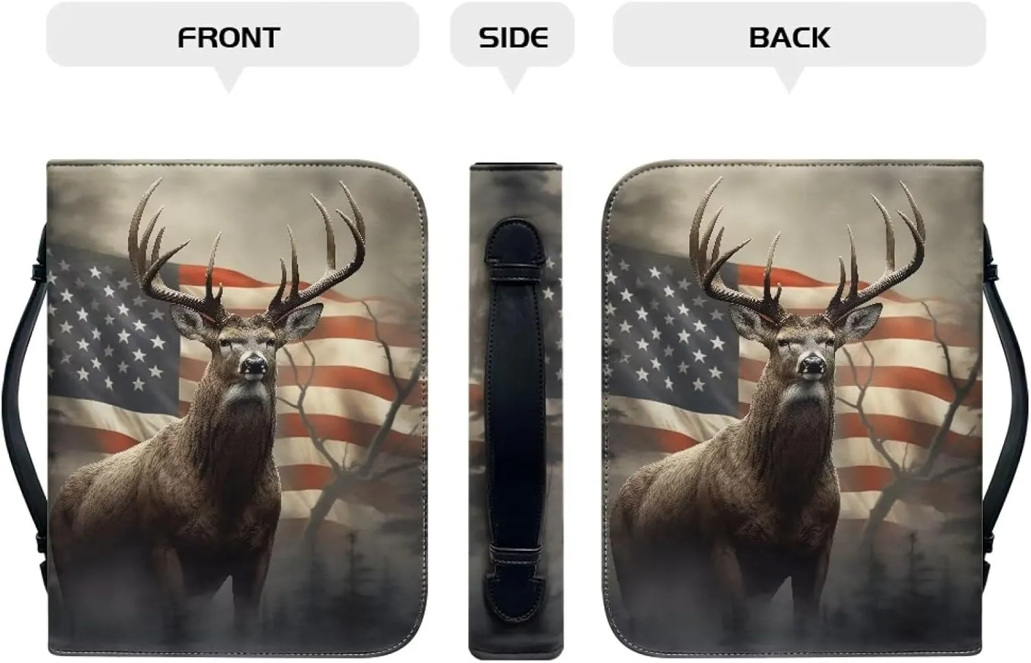 Poceacles Faux Leather Bible Cover for Men Women Retro USA Flag Deer Design Christian Bible Case with Handle Carrying Book Case Protector Bible Tote Handbag Gifts, M