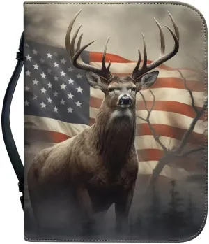 Poceacles Faux Leather Bible Cover for Men Women Retro USA Flag Deer Design Christian Bible Case with Handle Carrying Book Case Protector Bible Tote Handbag Gifts, M