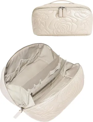 Popvibe Open Flat Makeup Bag Travel Cosmetic Case for Women, Large Capacity Toiletry Travel Bag with Zipper, Portable Aesthetic Floral Make Up Organizer Pouch with Dividers & Handle, Cream, Large