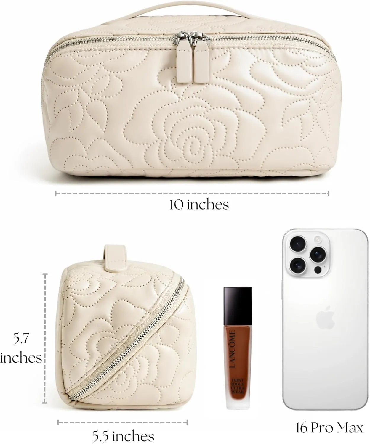 Popvibe Open Flat Makeup Bag Travel Cosmetic Case for Women, Large Capacity Toiletry Travel Bag with Zipper, Portable Aesthetic Floral Make Up Organizer Pouch with Dividers & Handle, Cream, Large