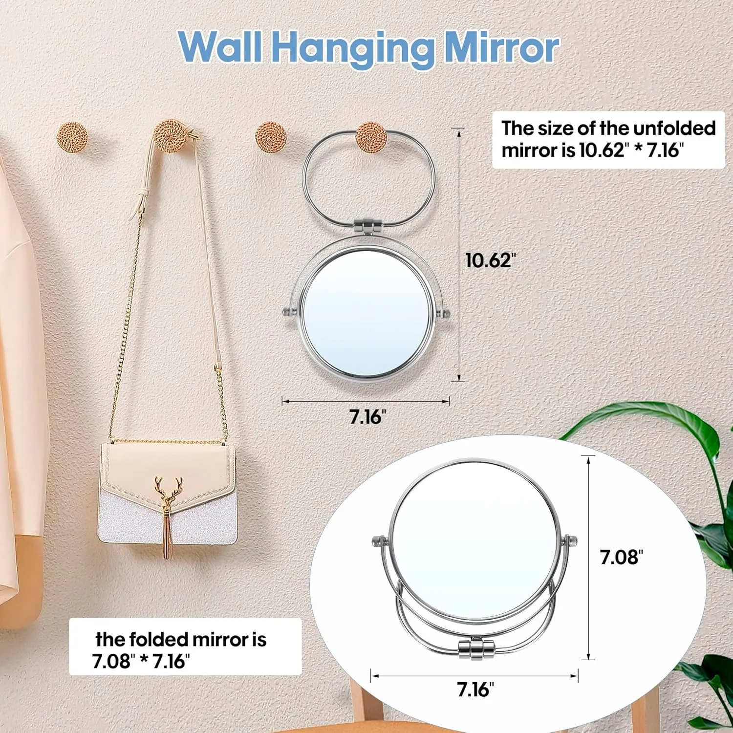 Portable Folding Travel Makeup Mirror,1X/10X Magnifying Vanity Mirror,6” Double-Sided 360° Swivel,Handheld & Wall Hanging Metal Mirror for Home and On-the-Go Use,Travel Storage Bag Included,No Light