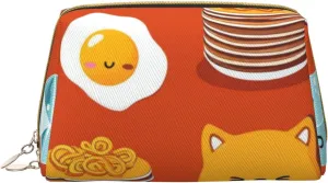 Portable Leather Makeup Bag for Women - Travel Cosmetic Organizer, Large Cute Cartoon Breakfast Print Makeup Pouch