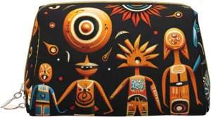 Portable Leather Makeup Bag for Women - Travel Cosmetic Organizer, Large Primitive Totem Print Makeup Pouch