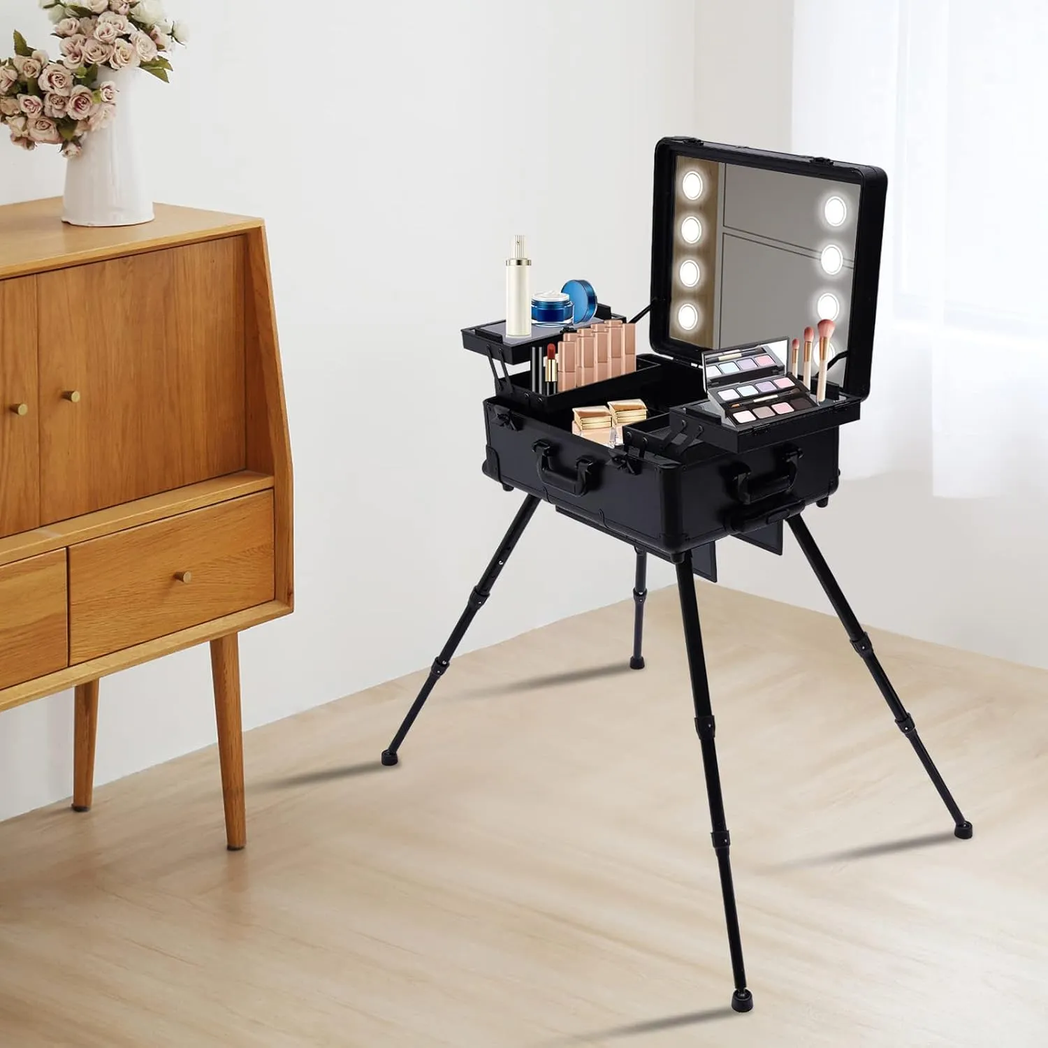 Portable Makeup Station, Rolling Makeup Case, Cosmetic Case w/Lights & Mirror, Train Organizer Box with 4 Rolling Wheels & Extendable Trays, Pro Traveling Makeup Tools, Black