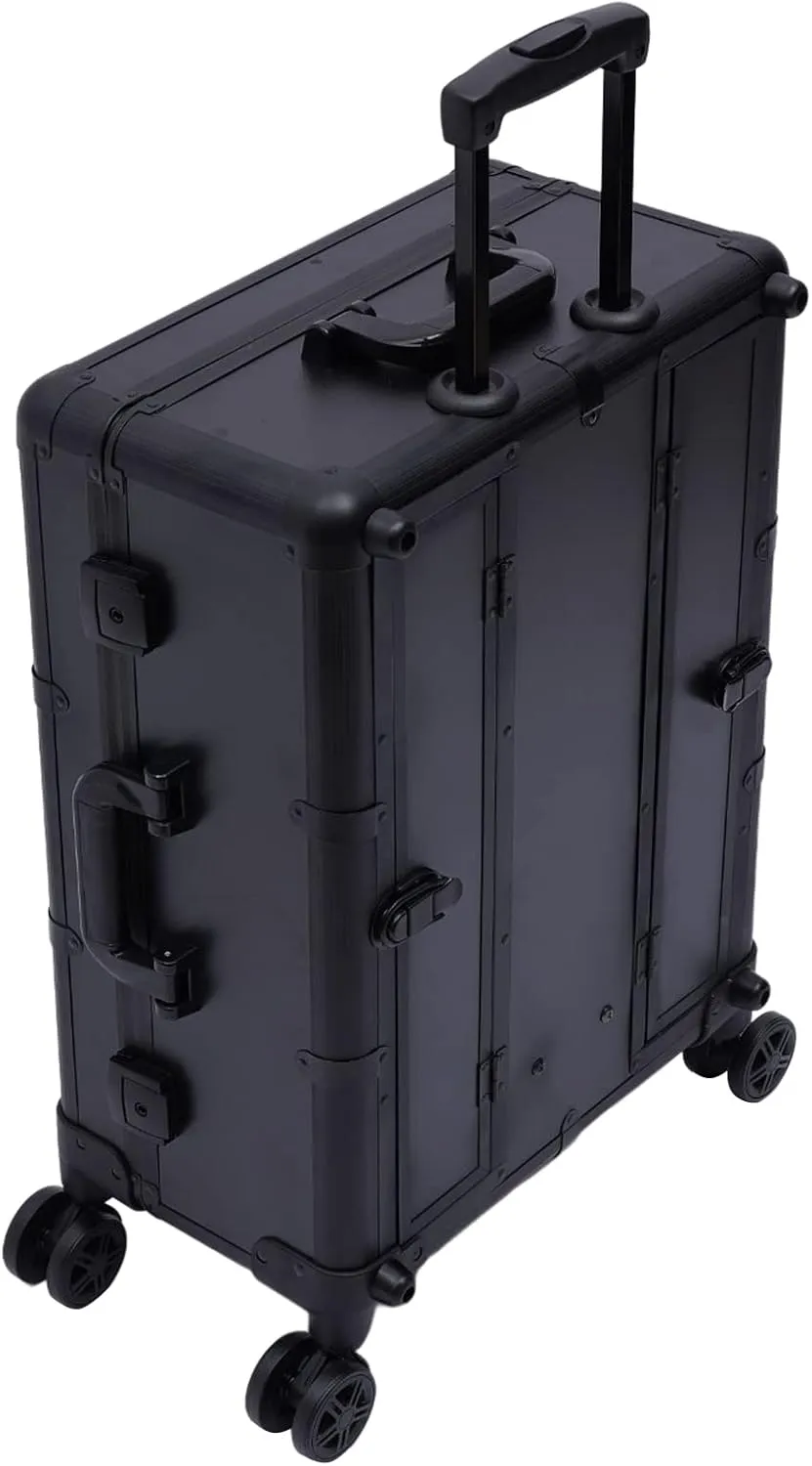 Portable Makeup Station, Rolling Makeup Case, Cosmetic Case w/Lights & Mirror, Train Organizer Box with 4 Rolling Wheels & Extendable Trays, Pro Traveling Makeup Tools, Black