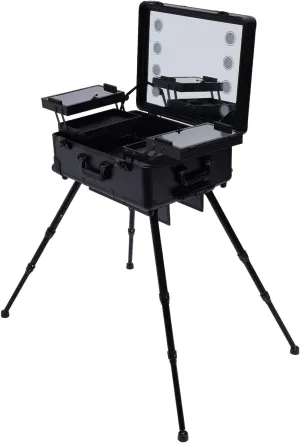 Portable Makeup Station, Rolling Makeup Case, Cosmetic Case w/Lights & Mirror, Train Organizer Box with 4 Rolling Wheels & Extendable Trays, Pro Traveling Makeup Tools, Black