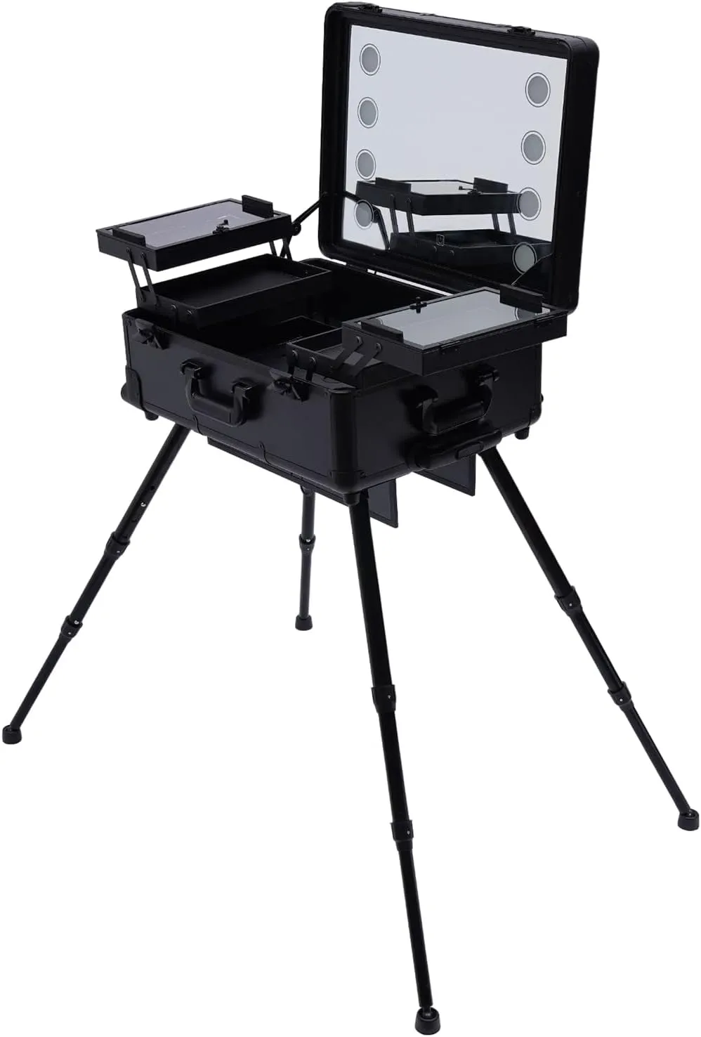 Portable Makeup Station, Rolling Makeup Case, Cosmetic Case w/Lights & Mirror, Train Organizer Box with 4 Rolling Wheels & Extendable Trays, Pro Traveling Makeup Tools, Black