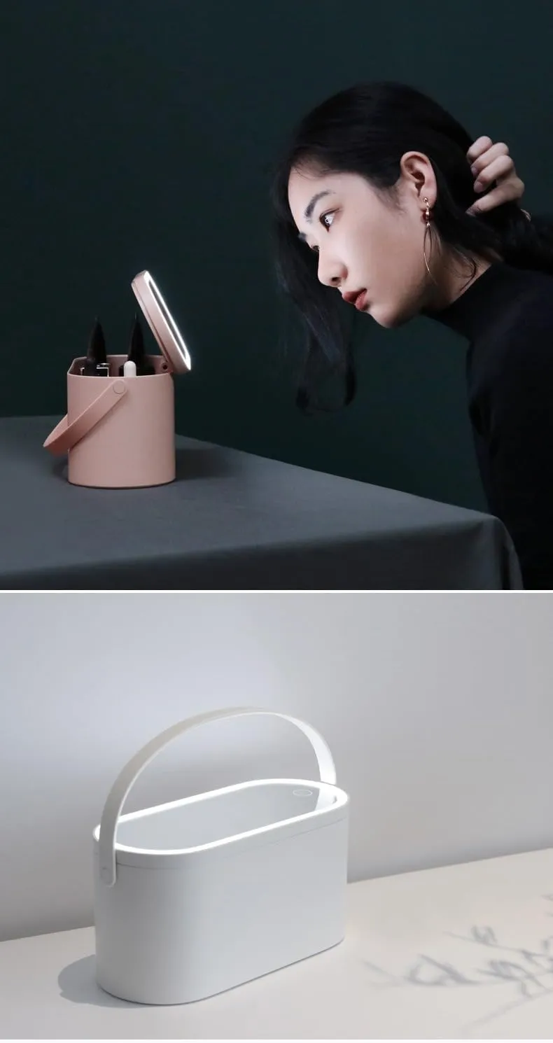Portable, Rechargeable LED Lighted Makeup Mirror with Breakage-Proof Design and Multi-Functional Storage Box for Women (White)