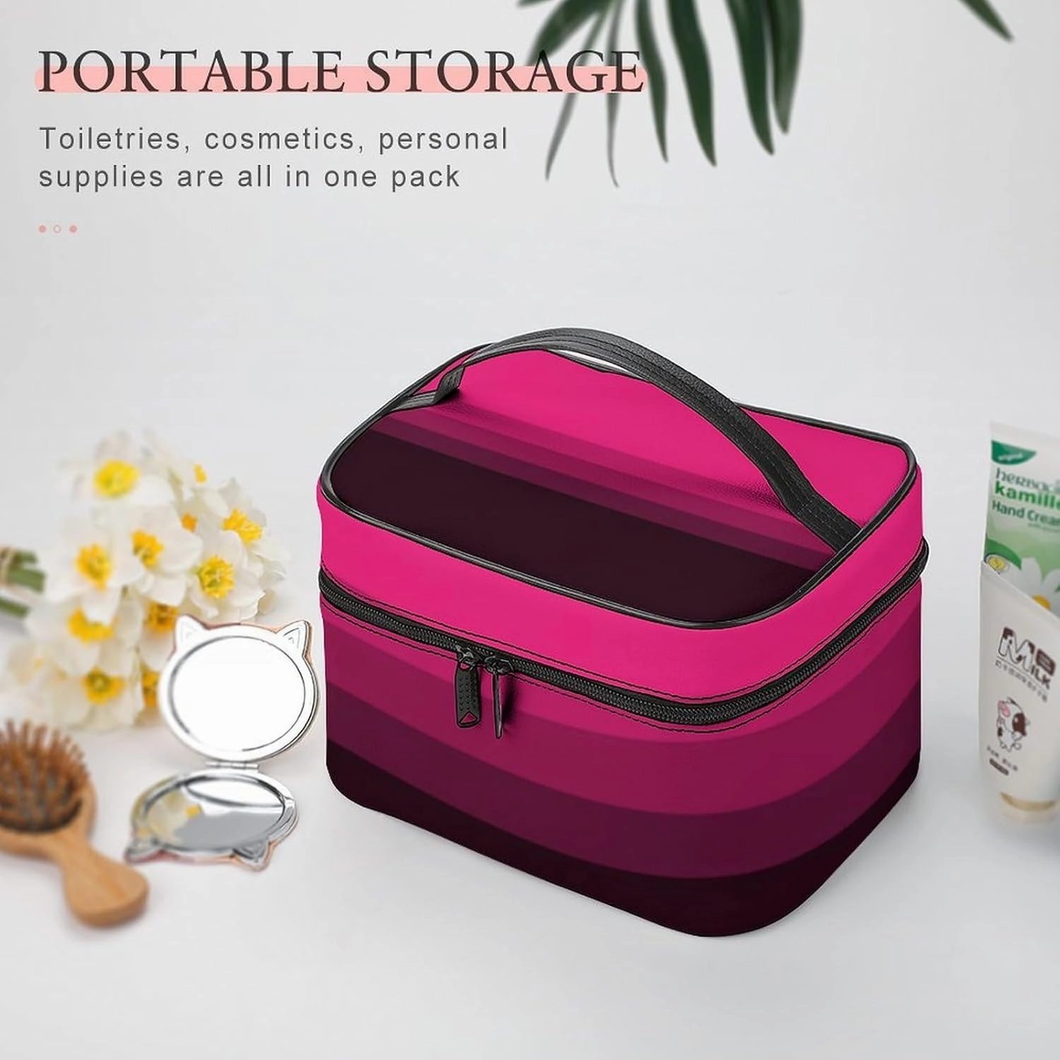 Portable Make Bag, Bright Pink Purple Brown Stripes Cosmetic Case Portable Cosmetic Portable Organizer for Men & Women