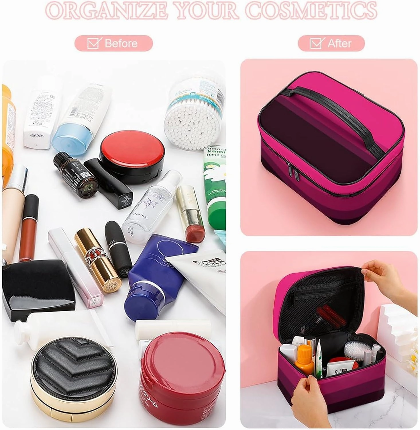 Portable Make Bag, Bright Pink Purple Brown Stripes Cosmetic Case Portable Cosmetic Portable Organizer for Men & Women