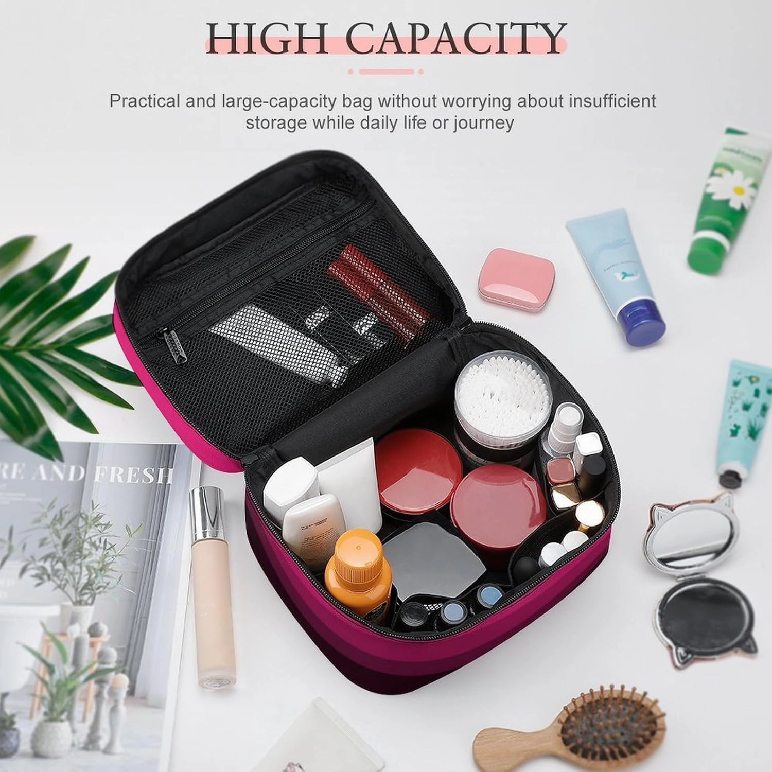 Portable Make Bag, Bright Pink Purple Brown Stripes Cosmetic Case Portable Cosmetic Portable Organizer for Men & Women