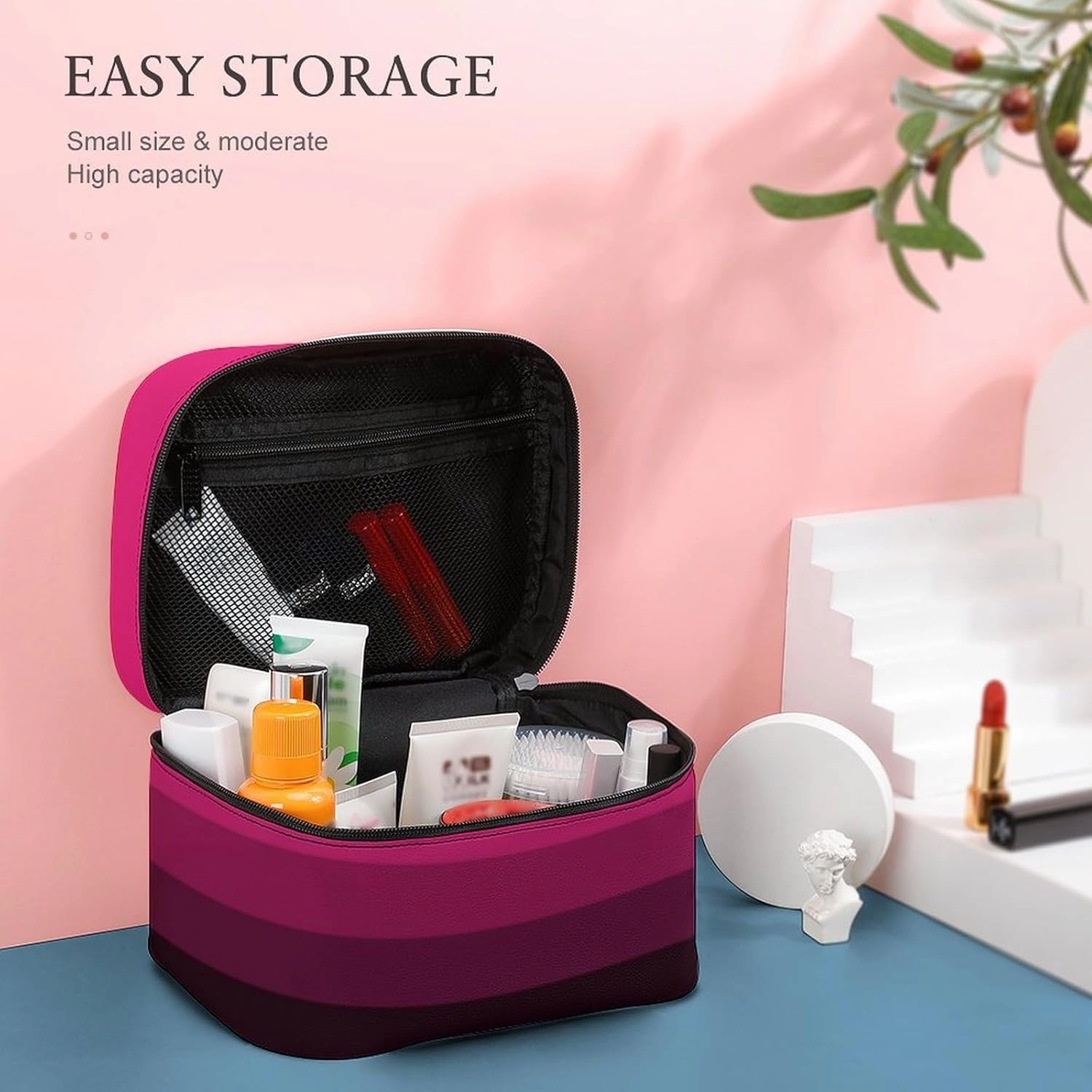 Portable Make Bag, Bright Pink Purple Brown Stripes Cosmetic Case Portable Cosmetic Portable Organizer for Men & Women