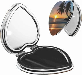 Portable Pocket Makeup Mirror Sunset Beach Travel Cosmetic Mirror Heart Shape Print Magnifying Compact Mirror for Eyelash