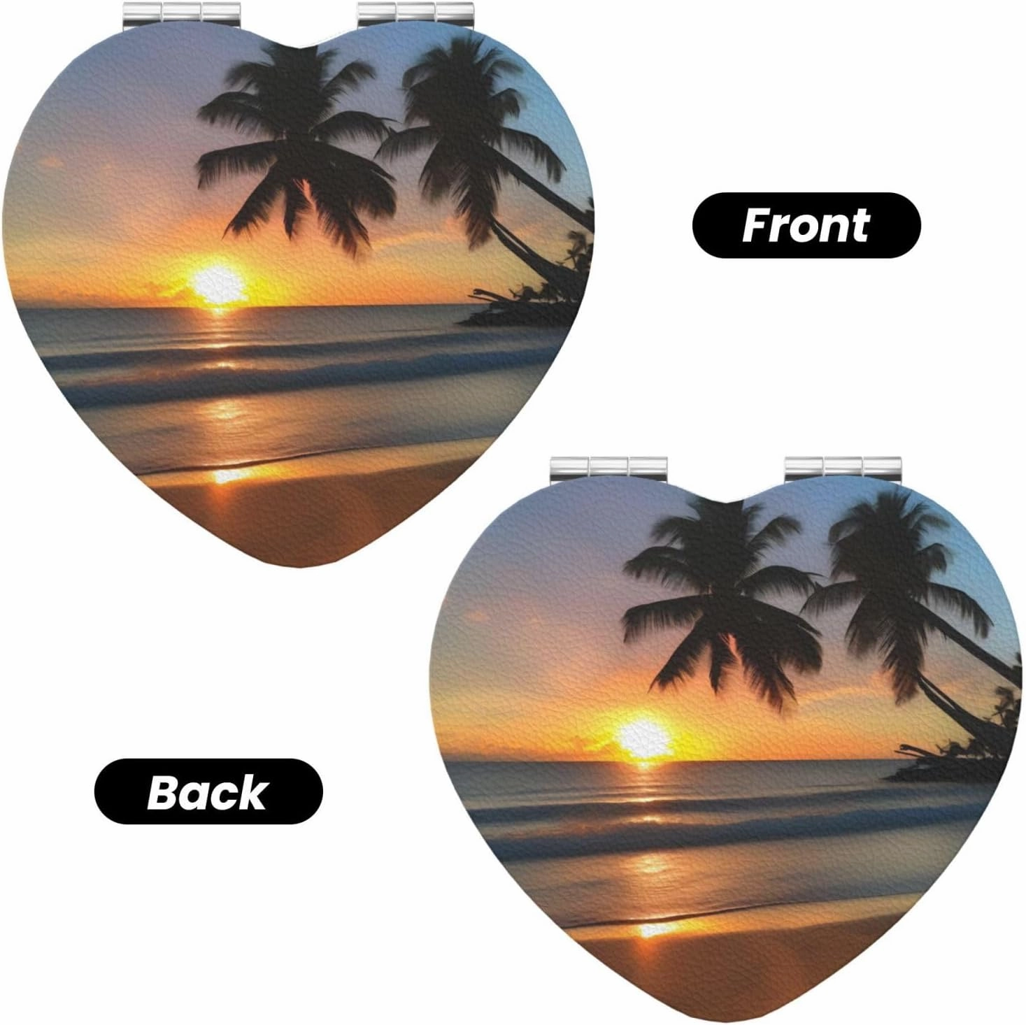 Portable Pocket Makeup Mirror Sunset Beach Travel Cosmetic Mirror Heart Shape Print Magnifying Compact Mirror for Eyelash