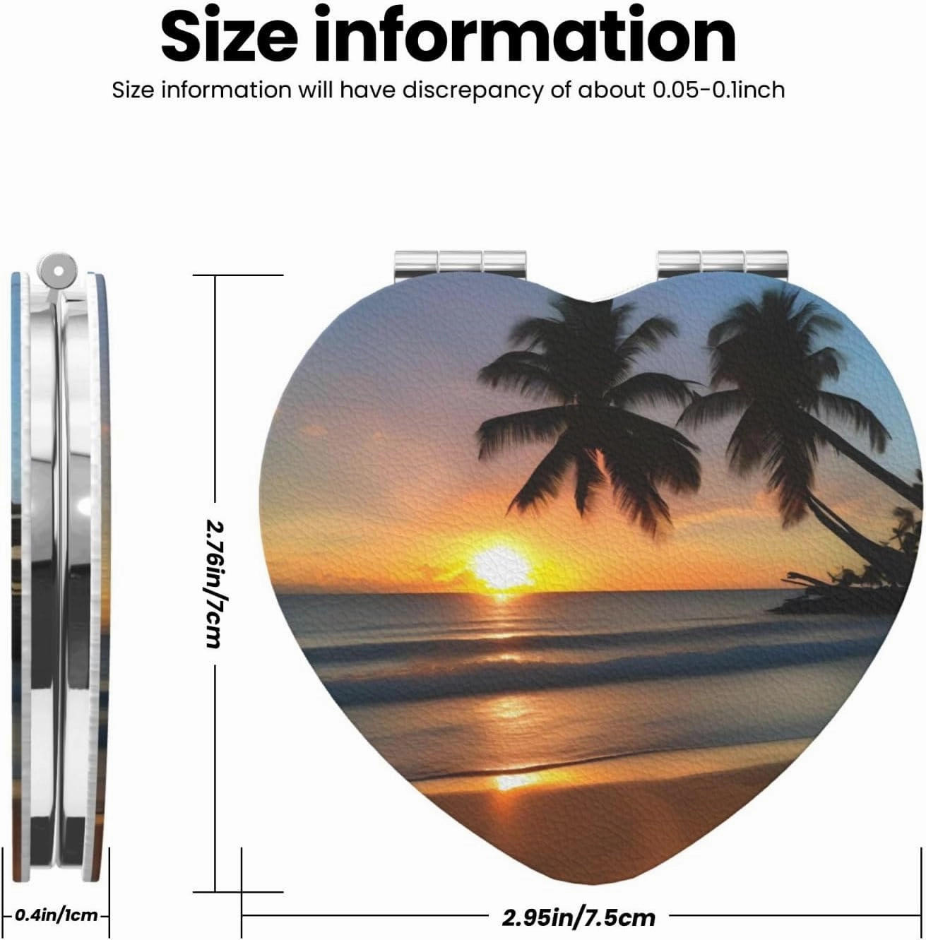 Portable Pocket Makeup Mirror Sunset Beach Travel Cosmetic Mirror Heart Shape Print Magnifying Compact Mirror for Eyelash