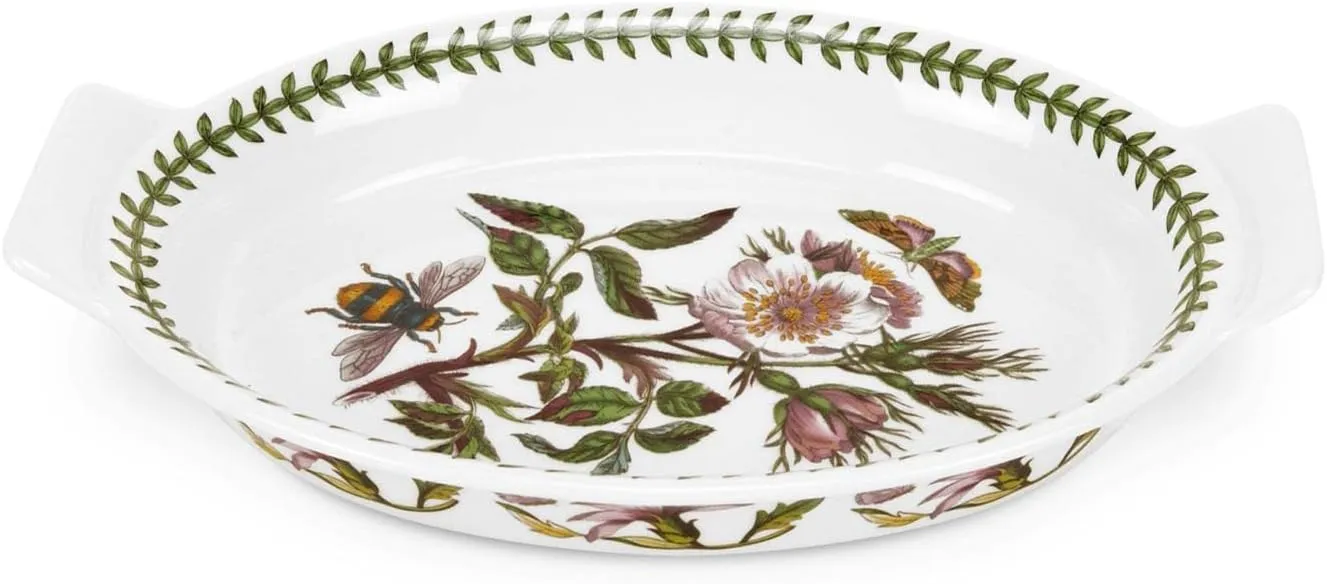 Portmeirion Botanic Garden 10" Oval Gratin Dish, Dog Rose Motif - Durable Porcelain Baking Dish with Chip-Resistant Glaze, Dishwasher, Microwave, Freezer, Oven Safe - Stylish Bakeware & Serveware