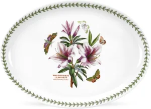 Portmeirion Botanic Garden 15" Oval Serving Platter, Lily Flowered Azalea Motif - Durable Porcelain Baking Dish with Chip-Resistant Glaze, Dishwasher & Microwave Safe - Stylish Bakeware & Serveware