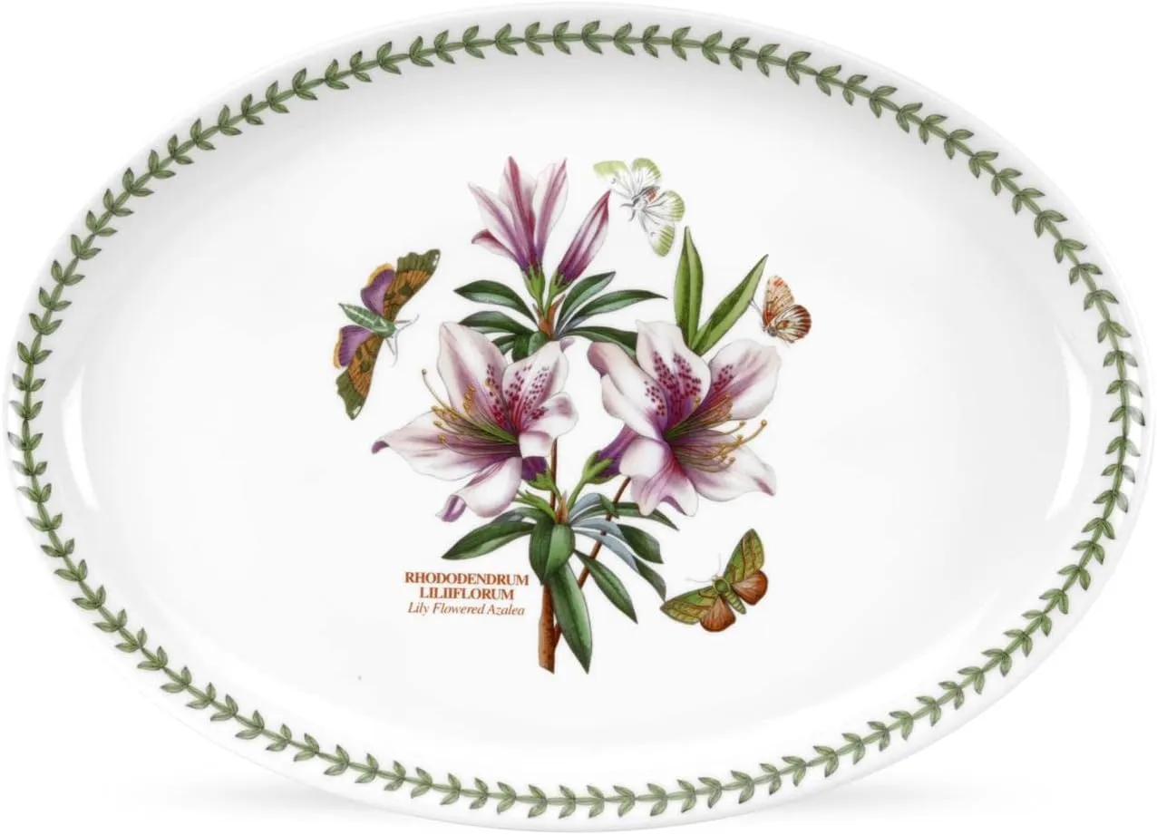 Portmeirion Botanic Garden 15" Oval Serving Platter, Lily Flowered Azalea Motif - Durable Porcelain Baking Dish with Chip-Resistant Glaze, Dishwasher & Microwave Safe - Stylish Bakeware & Serveware