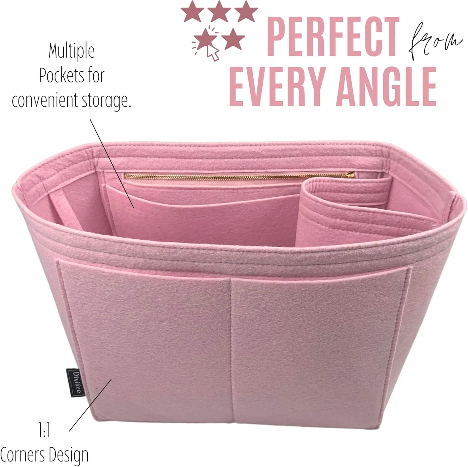 Premium Purse Organizer compatible with Lv Neverfull Bag Organizer - Handmade Oval Shaped Purse Insert with Gold Zipper, Perfect Fit for PM/MM/GM Tote, 2mm Felt (Bubblegum, For Neverf. GM)