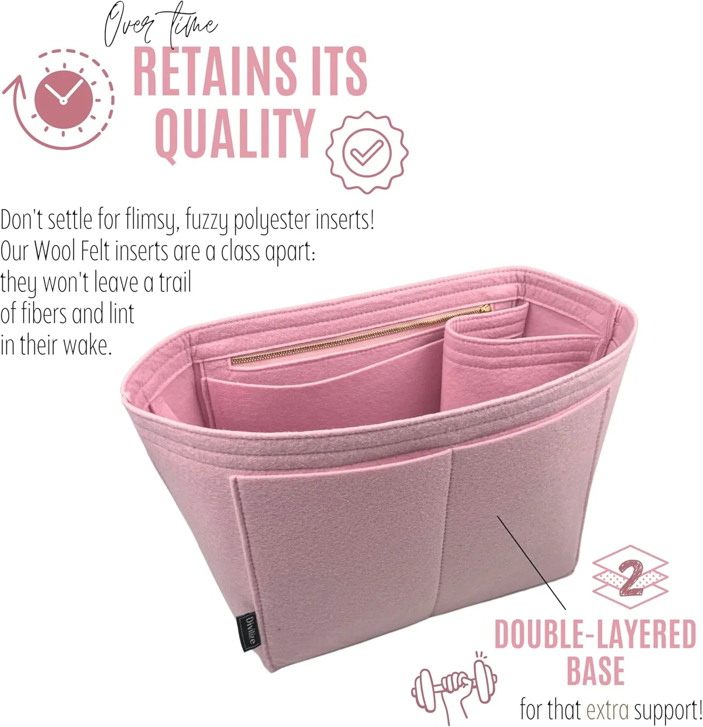 Premium Purse Organizer compatible with Lv Neverfull Bag Organizer - Handmade Oval Shaped Purse Insert with Gold Zipper, Perfect Fit for PM/MM/GM Tote, 2mm Felt (Bubblegum, For Neverf. GM)