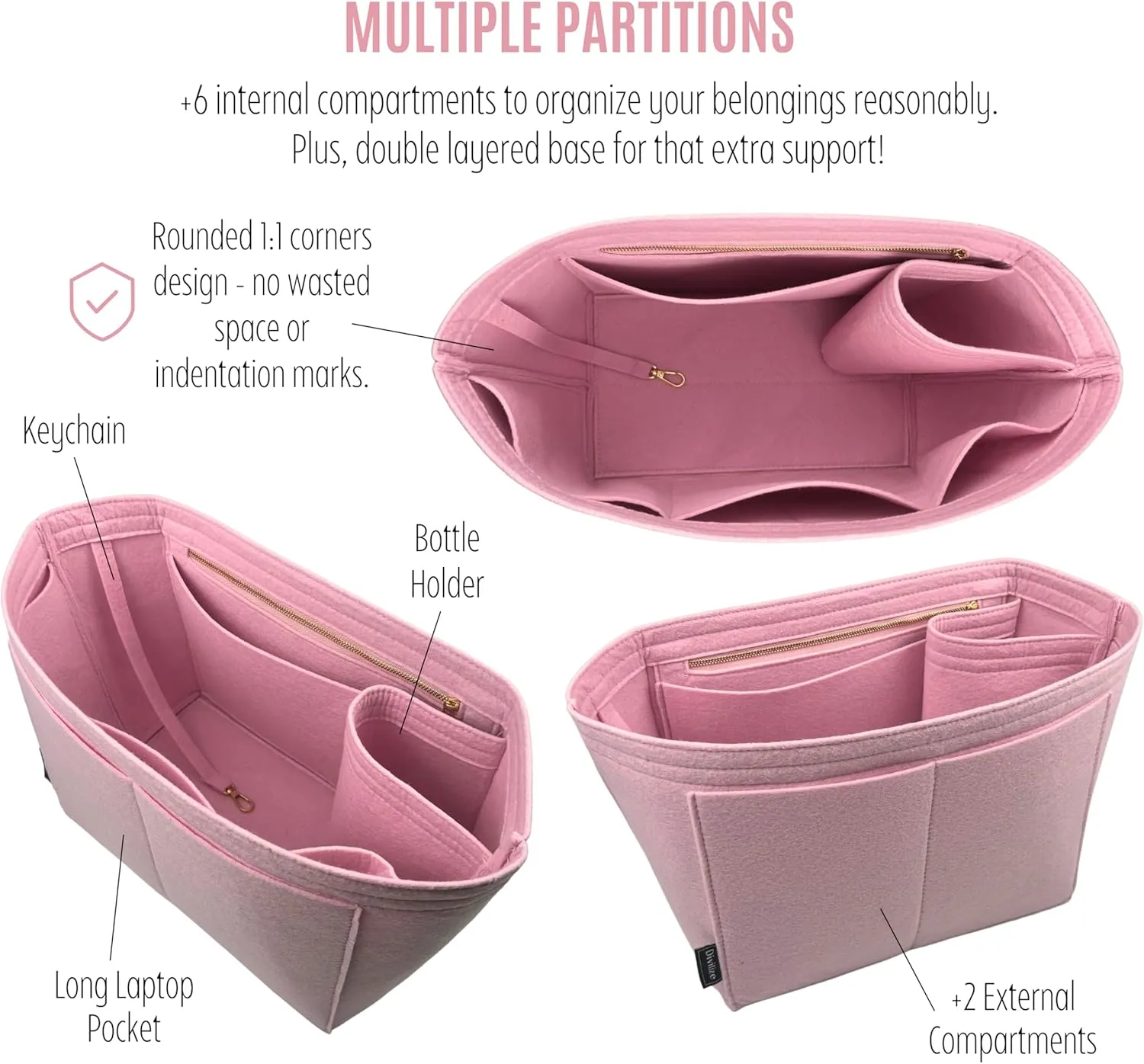 Premium Purse Organizer compatible with Lv Neverfull Bag Organizer - Handmade Oval Shaped Purse Insert with Gold Zipper, Perfect Fit for PM/MM/GM Tote, 2mm Felt (Bubblegum, For Neverf. GM)