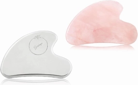 Premium Gua Sha Facial Tools Bundle, Stainless Steel (Silver)   Rose Quartz
