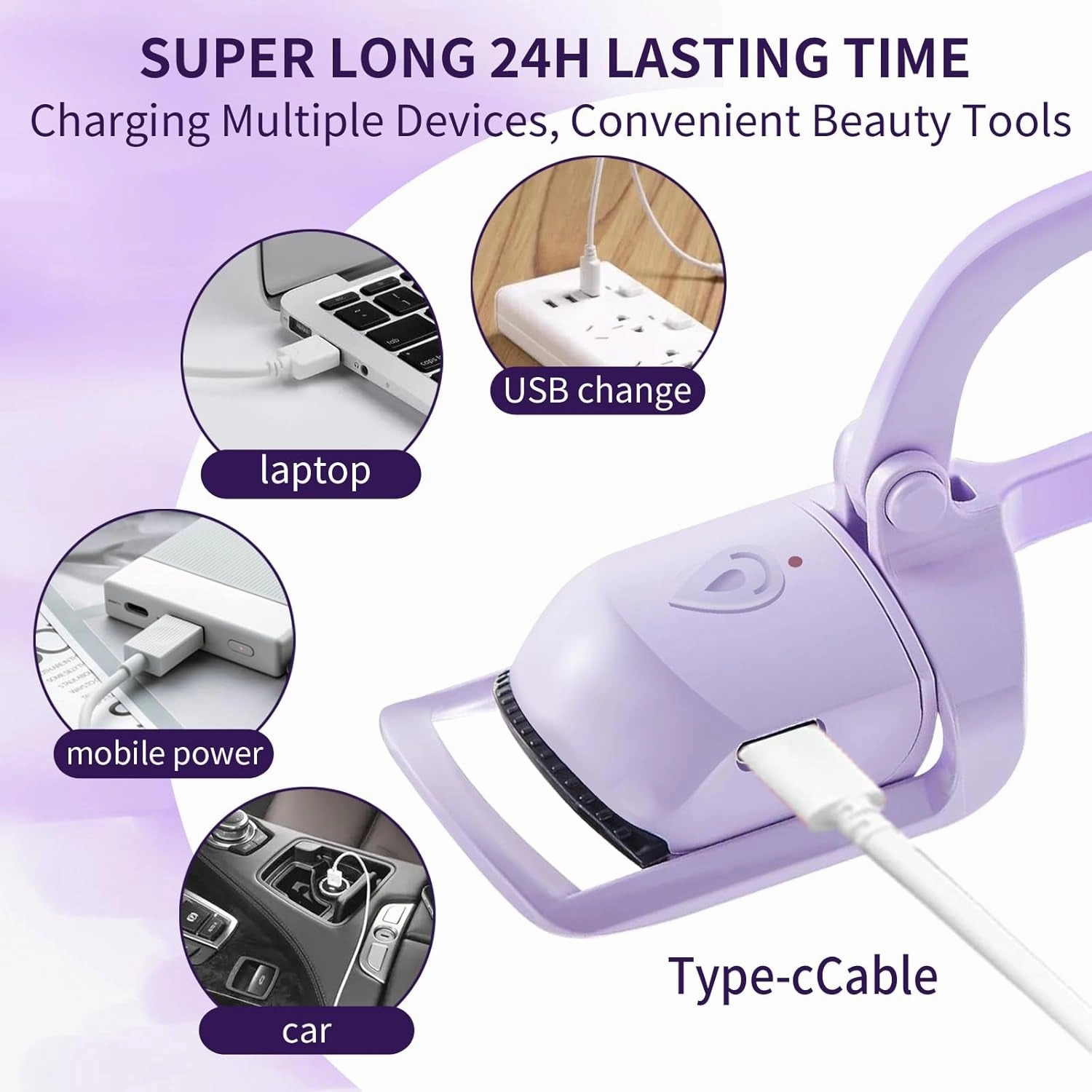 Premium Heated Eyelash Curlers Elevate Your Lash, Rapid Heat-Up, USB Rechargeable Electric Eyelash Curler with Sensing Heating Silicone Pad, Heated Lash Curler with Temperature Control, Purple