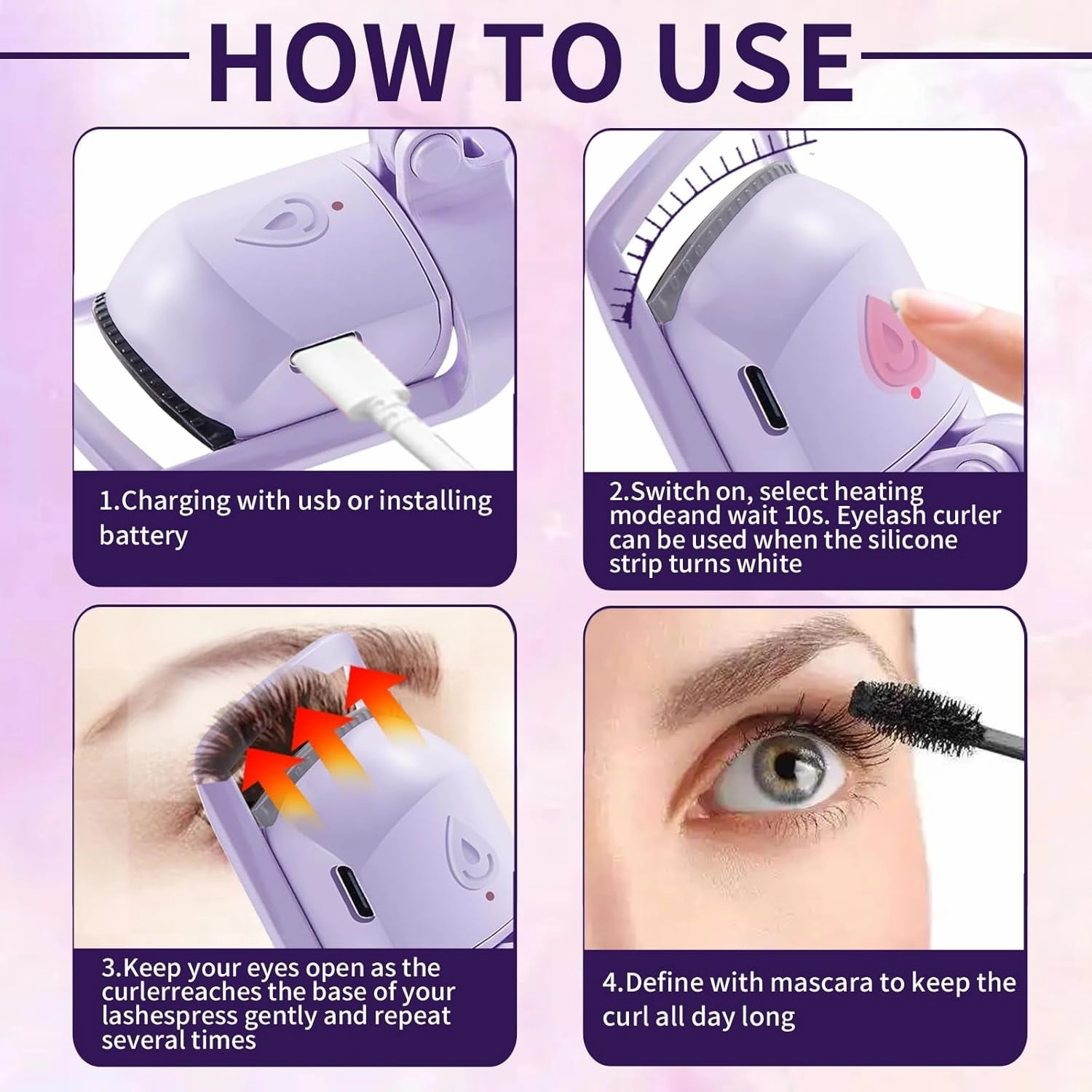 Premium Heated Eyelash Curlers Elevate Your Lash, Rapid Heat-Up, USB Rechargeable Electric Eyelash Curler with Sensing Heating Silicone Pad, Heated Lash Curler with Temperature Control, Purple