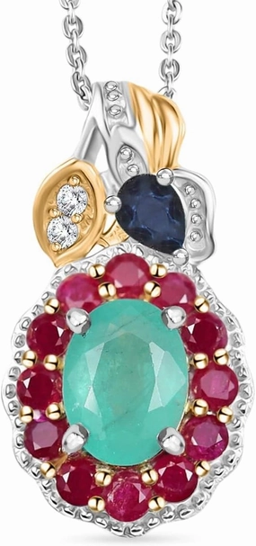 Premium Kagem Zambian Emerald and Multi Gemstone 2.20 ctw Floral Pendant Necklace 20 Inches in 18K Vermeil Yellow Gold and Rhodium Plated Sterling Silver Birthday Gifts