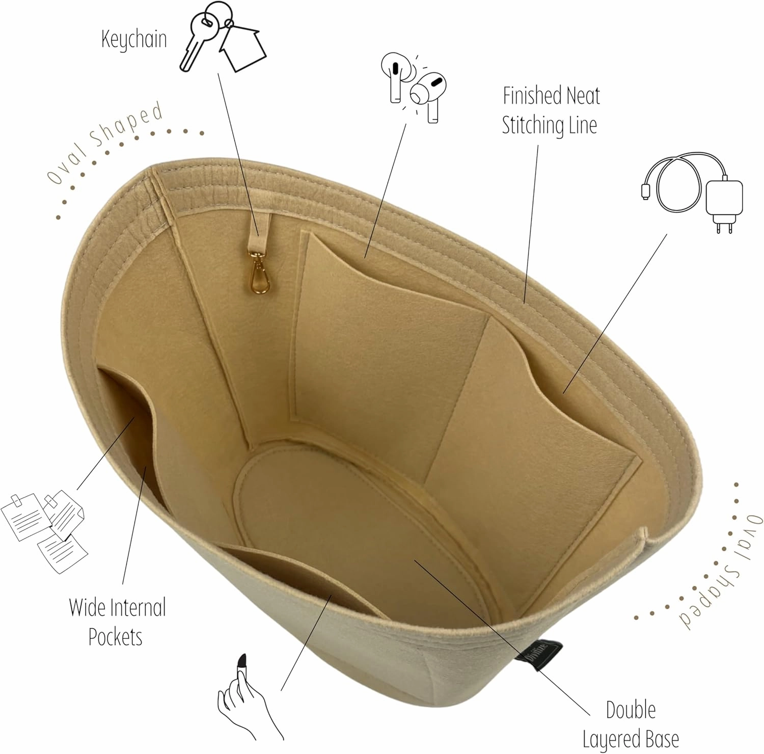 Premium Purse Organizer compatible with Loewe Anagram Basket Bag Insert - Handmade Felt Oval Shaped Organizer, Perfect Customized Fit (Beige, For Medium Anag. Basket Bag)
