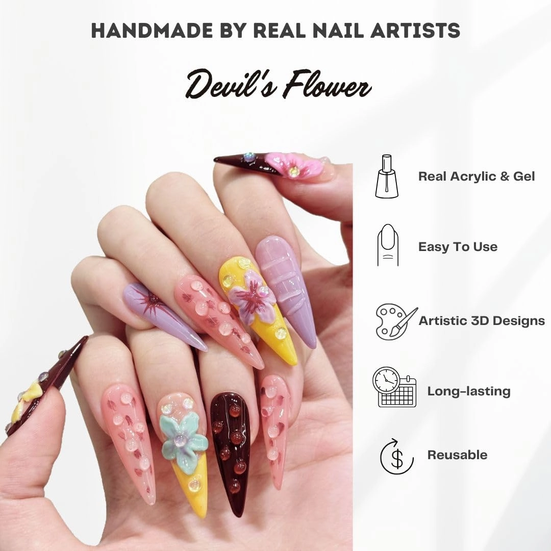 Press on Nails Handmade Nails 3D Press on Nails Short Medium Oval Almond Nails Fake Nails Glitter Cat Eye Nails Gel Nails Durable Reusable False Nails 10 Pcs (Devil's Flower, M)