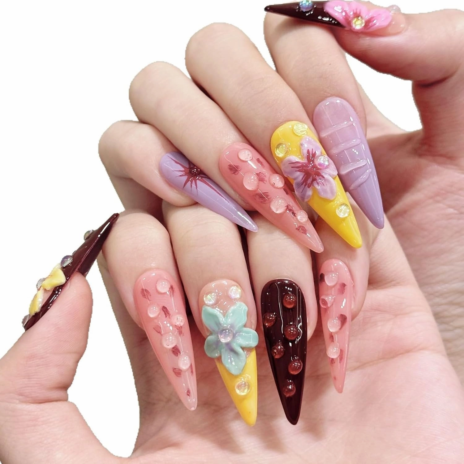 Press on Nails Handmade Nails 3D Press on Nails Short Medium Oval Almond Nails Fake Nails Glitter Cat Eye Nails Gel Nails Durable Reusable False Nails 10 Pcs (Devil's Flower, M)