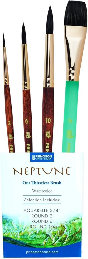 Princeton Neptune 4750 Series 4pc Watercolor Brush Set - Watercolor Brushes Professional Soft Synthetic Squirrel Paint Brush Set - 1pc Aquarelle 3/4 Inch & Round Artist Paint Brushes 2, 6 and 10