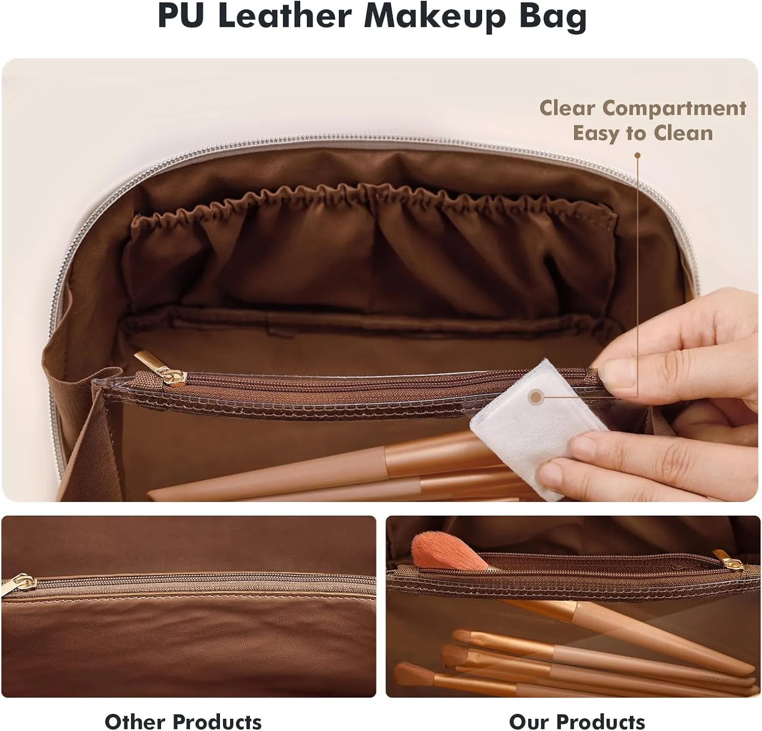 Prite Makeup Bag for Women Travel Waterproof Vegan Leather Cosmetic Bag Open Flat Toiletry Bag With Clear Divider and Handle (Plaid Brown)